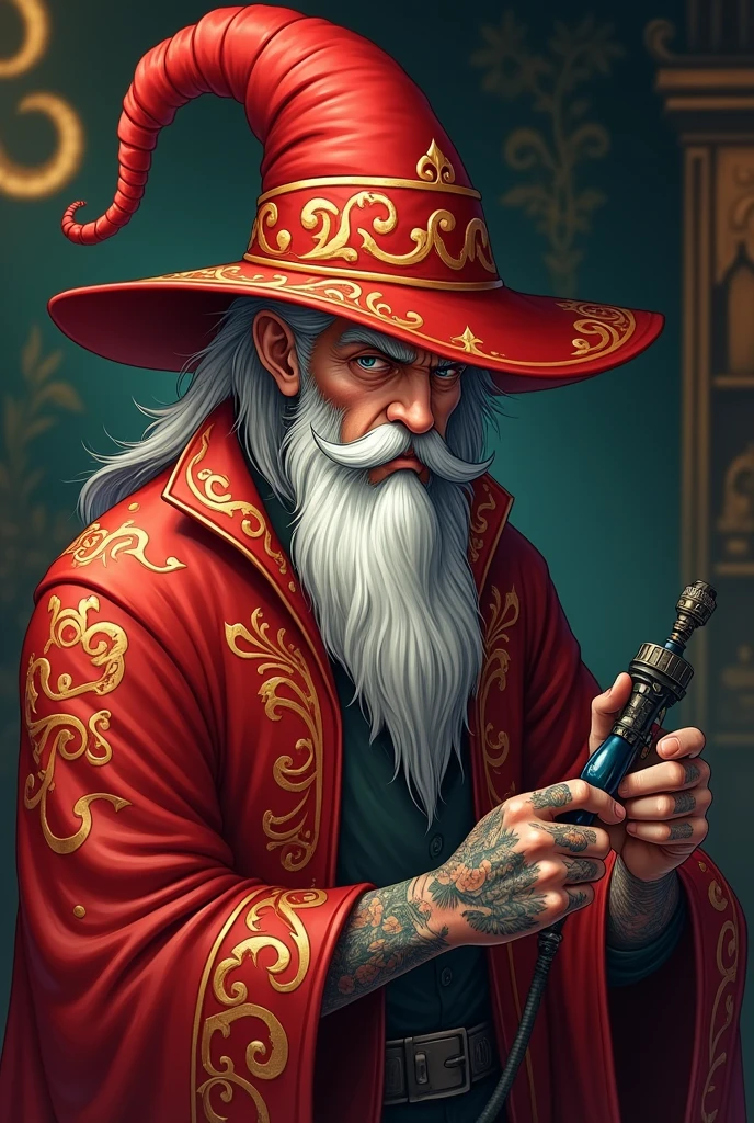 Create a character design for an old male anime wizard holding a tattoo machine for a tattoo studio logo. His name is Bruxo, he wears red clothing, and has tattoos. The image should only be from the chest up. , He has a big red anime wizard hat, 
