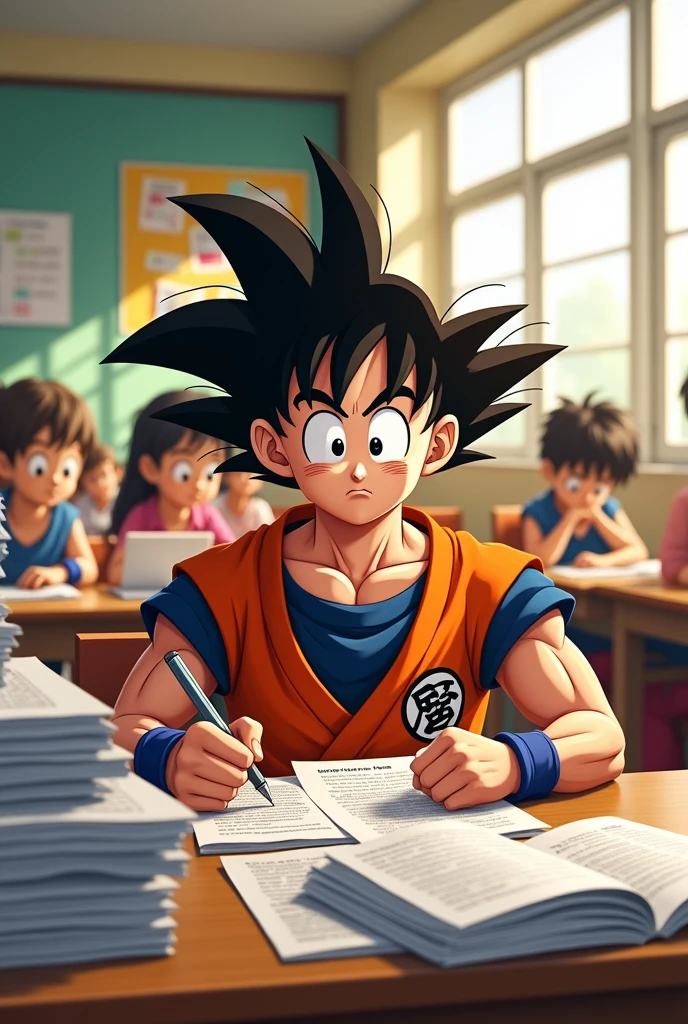 Goku doing reports at a school