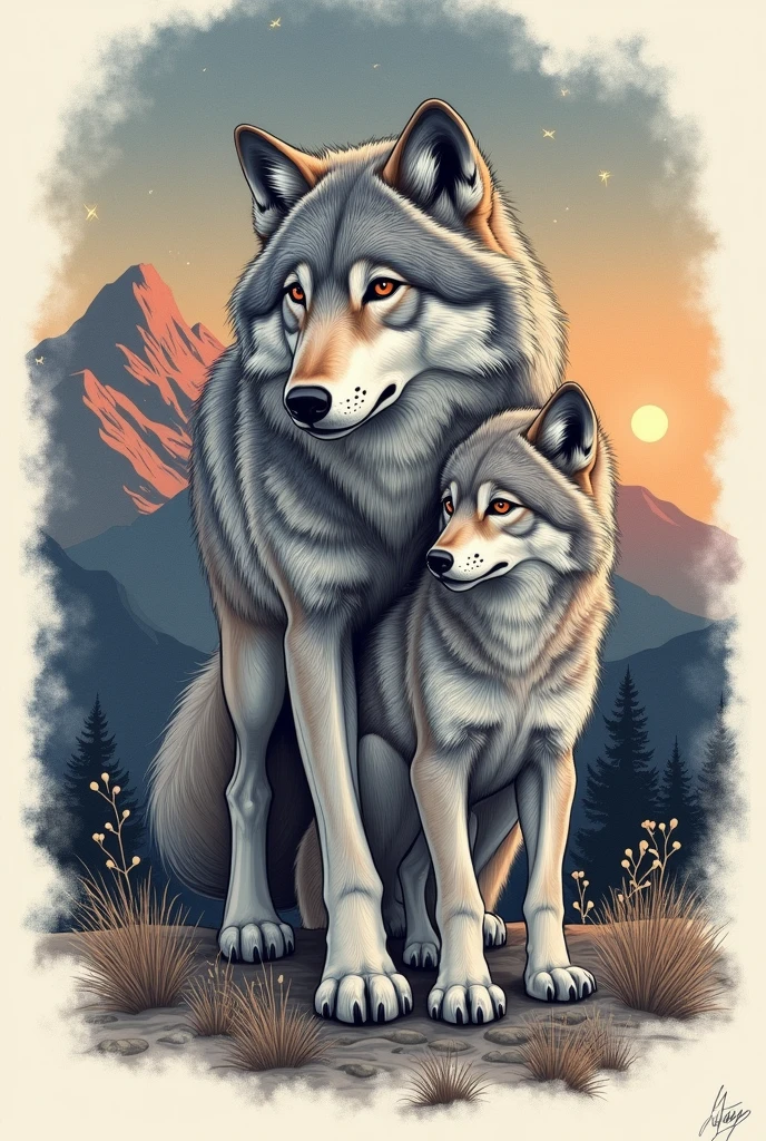 A picture of a she-wolf and a wolf cub who have gone through a difficult road called life, a sketch for a tattoo