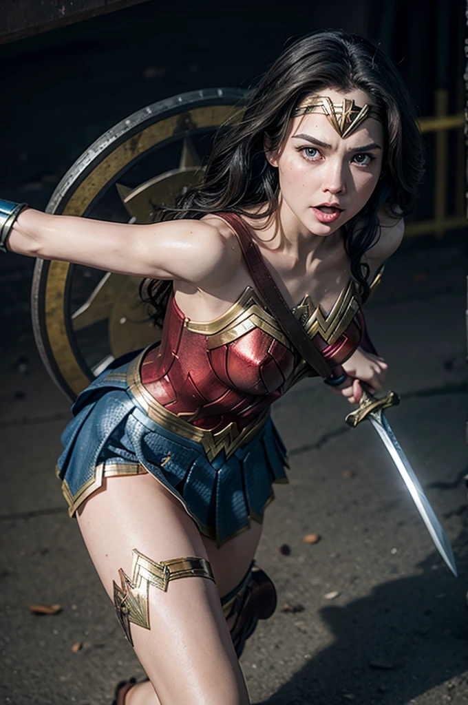 Wonder Woman illustration with skirt, sword and shield in attack pose