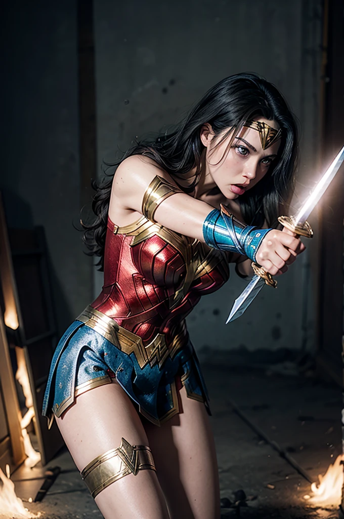 Wonder Woman illustration with skirt, sword and shield in attack pose