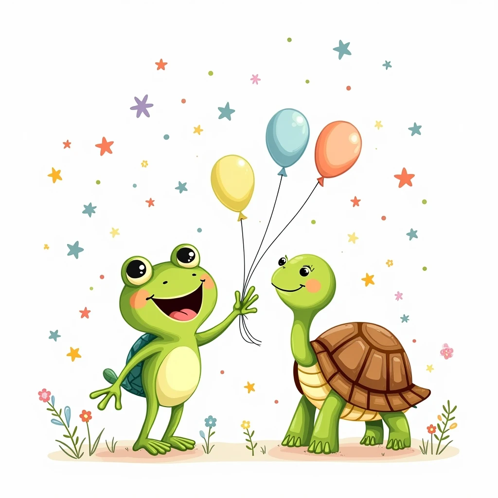 frog holding hands with cute turtle happy in celebration. line drawing style for children's coloring on white background