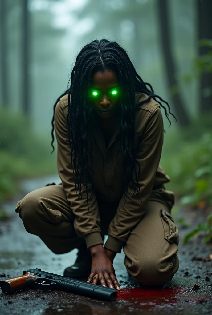 A long-haired black woman in a brown hiking outfit is about to partially transform into a tiger, kneeling in agony. Her eyes have a green light, and a gun and blood are on the ground beside her, amidst the rainy atmosphere.
