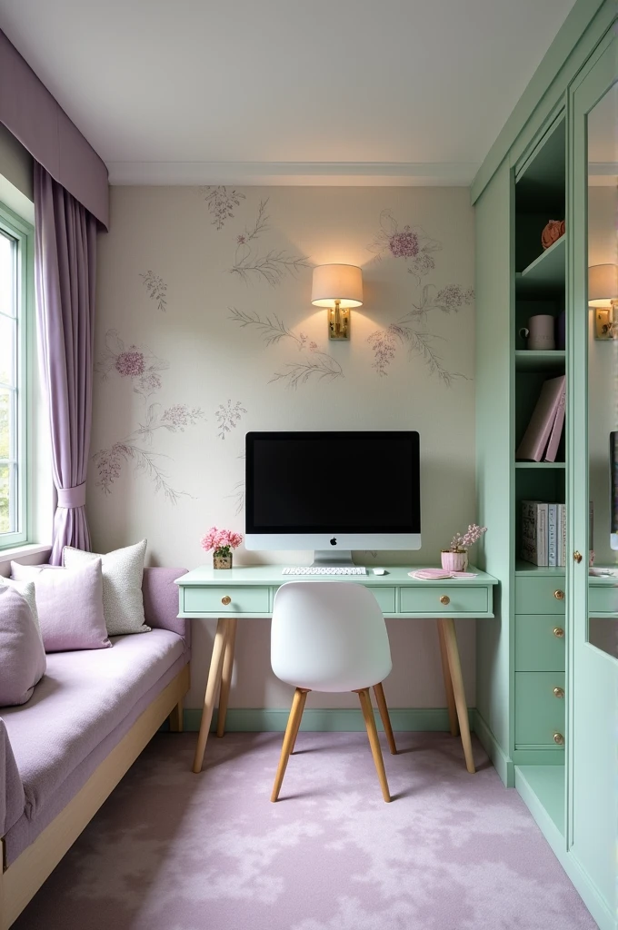 Small aesthetic pastel bedroom with a computer set up and and flat screen tv and closet and vanity