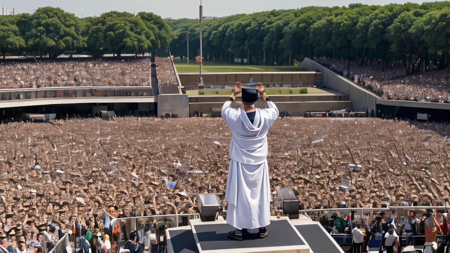 (((yū, The large))), standing on a large podium, his voice echoing through the open air as he proclaims new laws for a [a diverse crowd of citizens and soldiers]. The scene captures the essence of a new era, where order and structure reign supreme.
