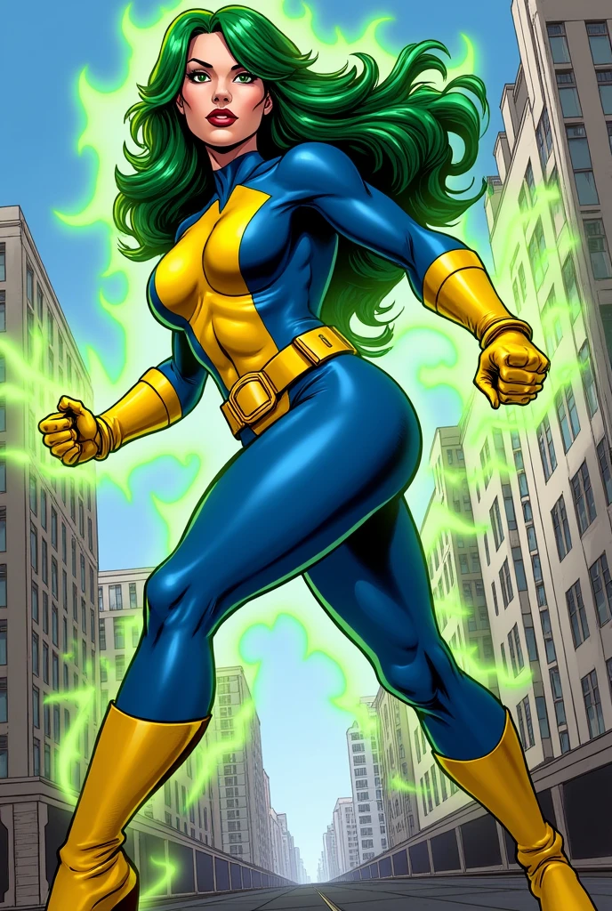Lorna Dane, polaris x-men, (she perform a punch profile side pose:1.6), (green thick wavy long hair:1.4), (huge breast:1.6), wearing a blue costume, big yellow in the chest and stomach, with yellow xmen belt, yellow glowes, yellow boots, flyqaing in New York city, (she's surrounded by a green energy:1.5), (comic style:1.4)