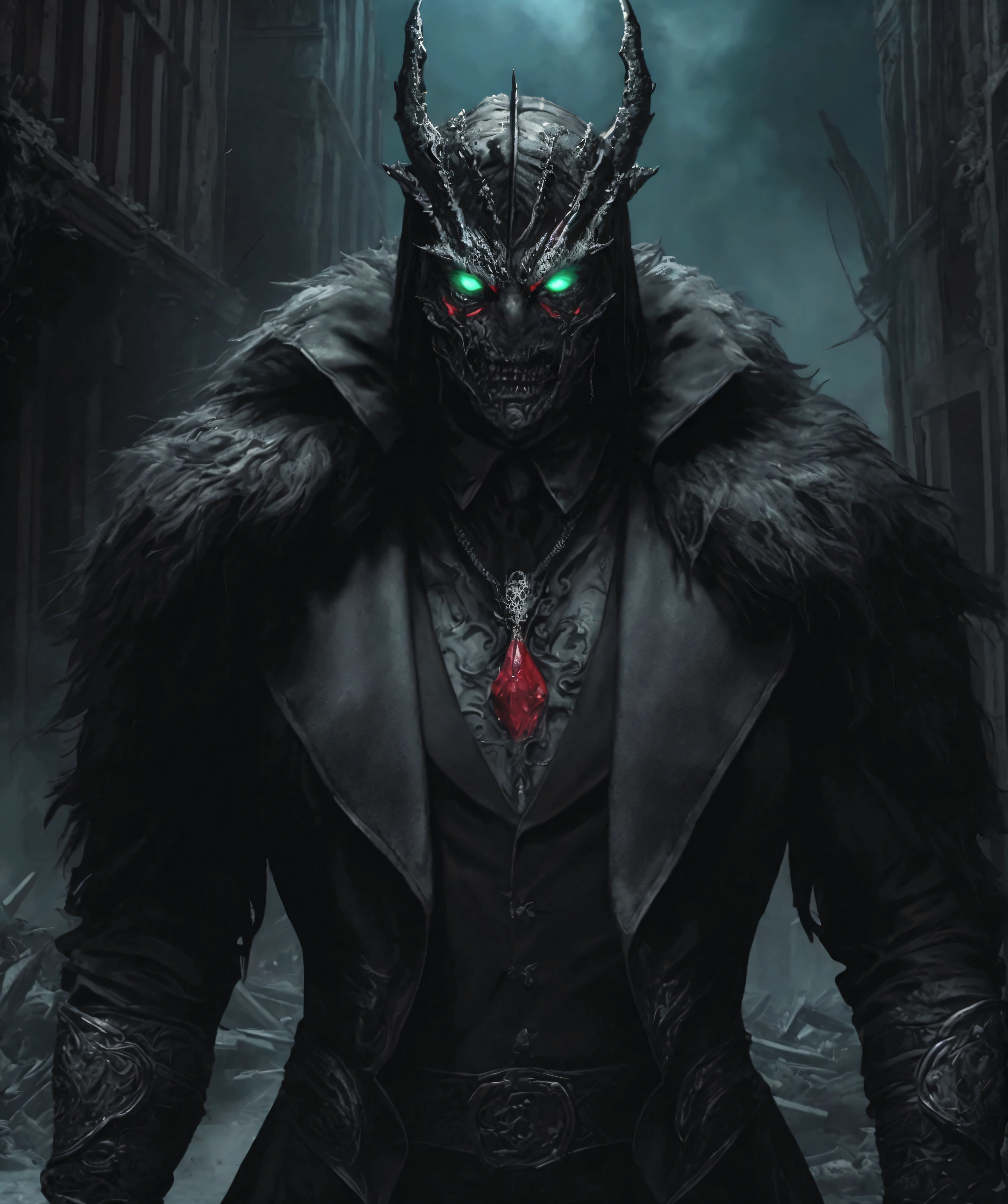 "An extremely detailed 8K wallpaper featuring a medium shot of Grim, depicted as a terrifying masked crystal-supervillain. Grim is dressed in a textured, fur-covered suit made entirely of glowing emerald green, crimson red, and silver fur, radiating an otherworldly energy. The suit's intricate details and craftsmanship evoke a high-tech Marvel-inspired design, blending menace with sophistication. The scene is set against a dramatic backdrop of a colossal mud monster and crumbling buildings, highlighting the chaos and destruction in the environment. The overall theme is dark and intense, with each element meticulously detailed to create a visually striking and immersive atmosphere."