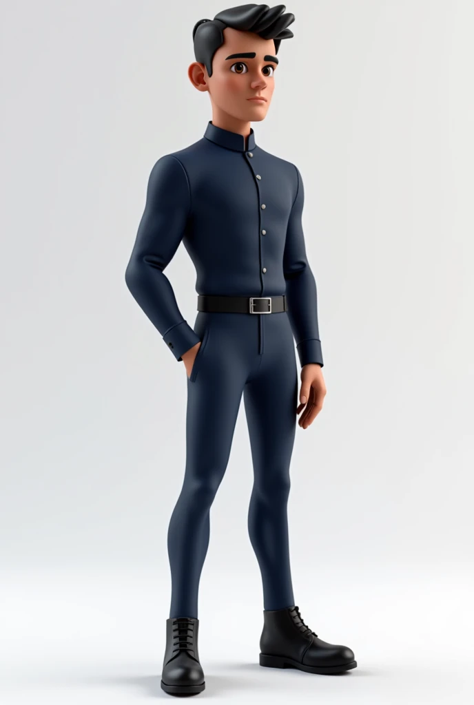 Create a 3D adult mascot with a 30-year-old appearance, male, light brown skin, slim build with a thin face and jawline, brown eyes, tall, wearing a dark blue uniform without any logo or details, and black boots. , and also with thin curly hair and a bit bald with a slightly thin nose