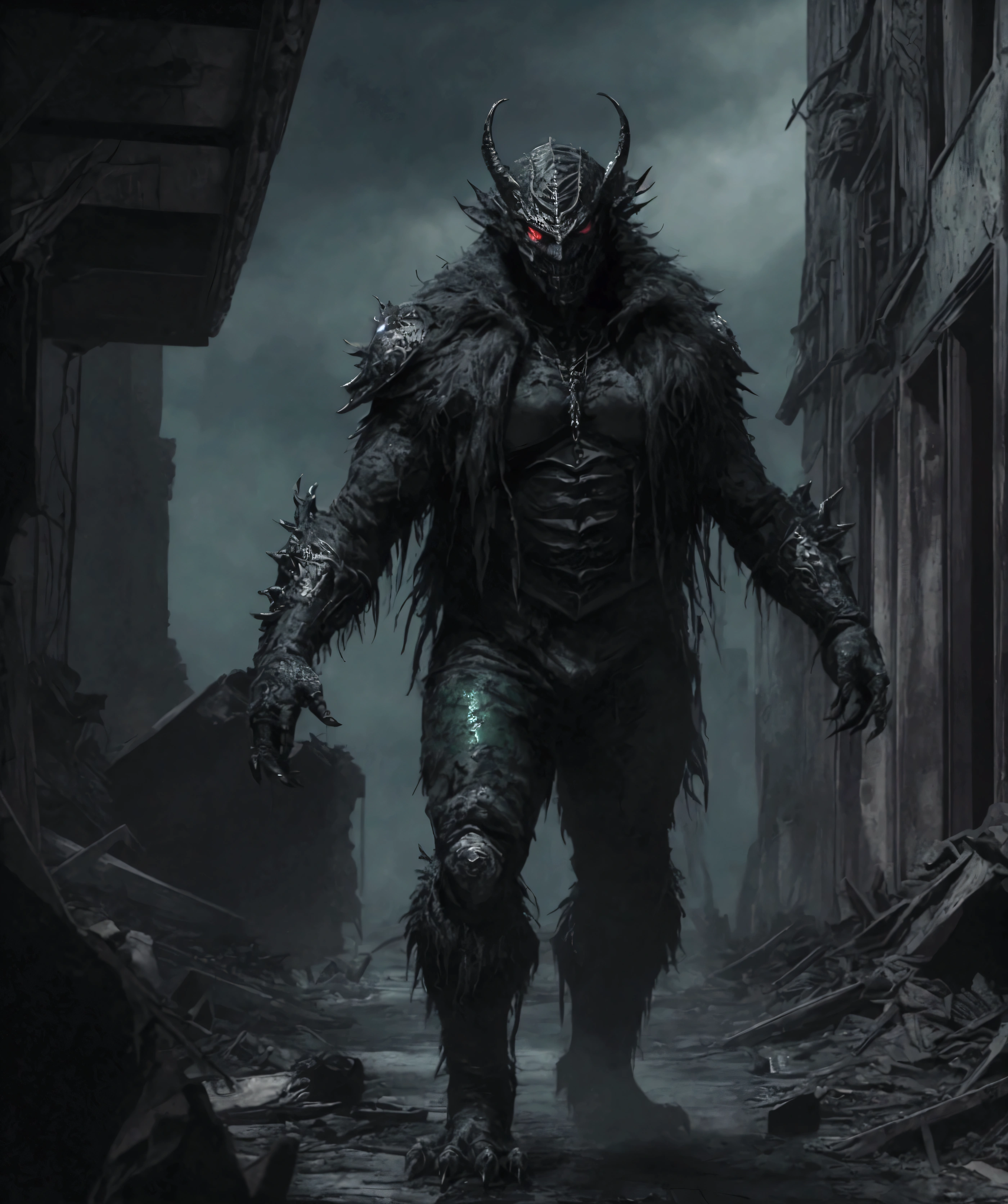 "An extremely detailed 8K wallpaper featuring a medium shot of Grim, depicted as a terrifying masked crystal-supervillain. Grim is dressed in a textured, fur-covered suit made entirely of glowing emerald green, crimson red, and silver fur, radiating an otherworldly energy. The suit's intricate details and craftsmanship evoke a high-tech Marvel-inspired design, blending menace with sophistication. The scene is set against a dramatic backdrop of a colossal mud monster and crumbling buildings, highlighting the chaos and destruction in the environment. The overall theme is dark and intense, with each element meticulously detailed to create a visually striking and immersive atmosphere."