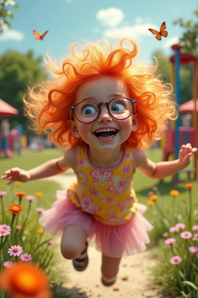 White girl with frizzy orange hair, braces and glasses