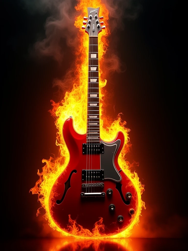 an electric guitar engulfed in flames, set against a completely black background. The guitar, with a glossy red body and silver accents, is centrally positioned, with the flames wrapping around its entire length. The flames are intense, with bright orange and red hues, creating a dramatic contrast with the dark surroundings. The top of the guitar has smoke rising from it, adding to the fiery effect. The lighting condition in the image is high contrast, emphasizing the brightness of the flames and the shiny details of the guitar against the darkness. The overall mood is powerful and intense, evoking a sense of energy and passion.