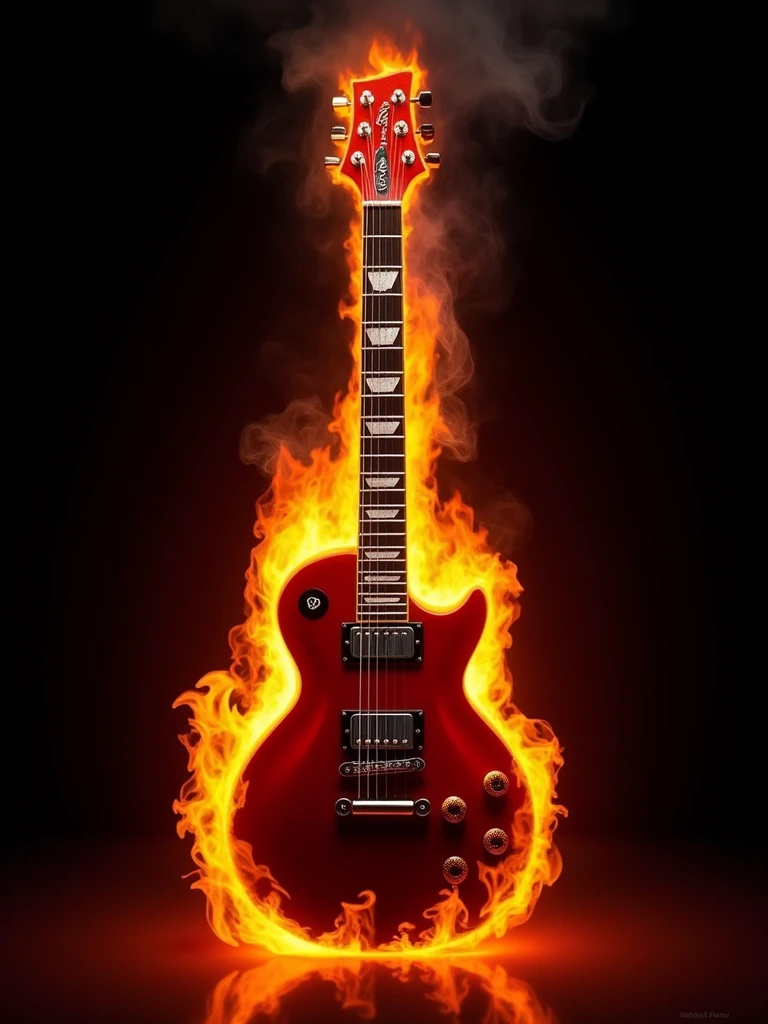 an electric guitar engulfed in flames, set against a completely black background. The guitar, with a glossy red body and silver accents, is centrally positioned, with the flames wrapping around its entire length. The flames are intense, with bright orange and red hues, creating a dramatic contrast with the dark surroundings. The top of the guitar has smoke rising from it, adding to the fiery effect. The lighting condition in the image is high contrast, emphasizing the brightness of the flames and the shiny details of the guitar against the darkness. The overall mood is powerful and intense, evoking a sense of energy and passion.