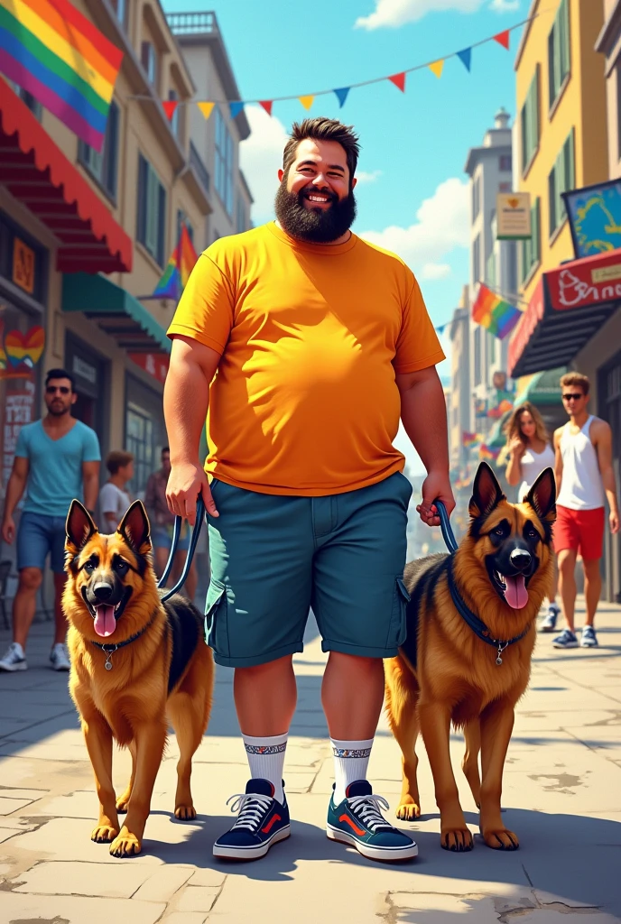 I would like you to create more people who are obese and poor named Pietro, he is gay. He is on a Rose route, Pedro is gay in the LGBT community and he has two German Shepherd dogs. Create an image about this.
