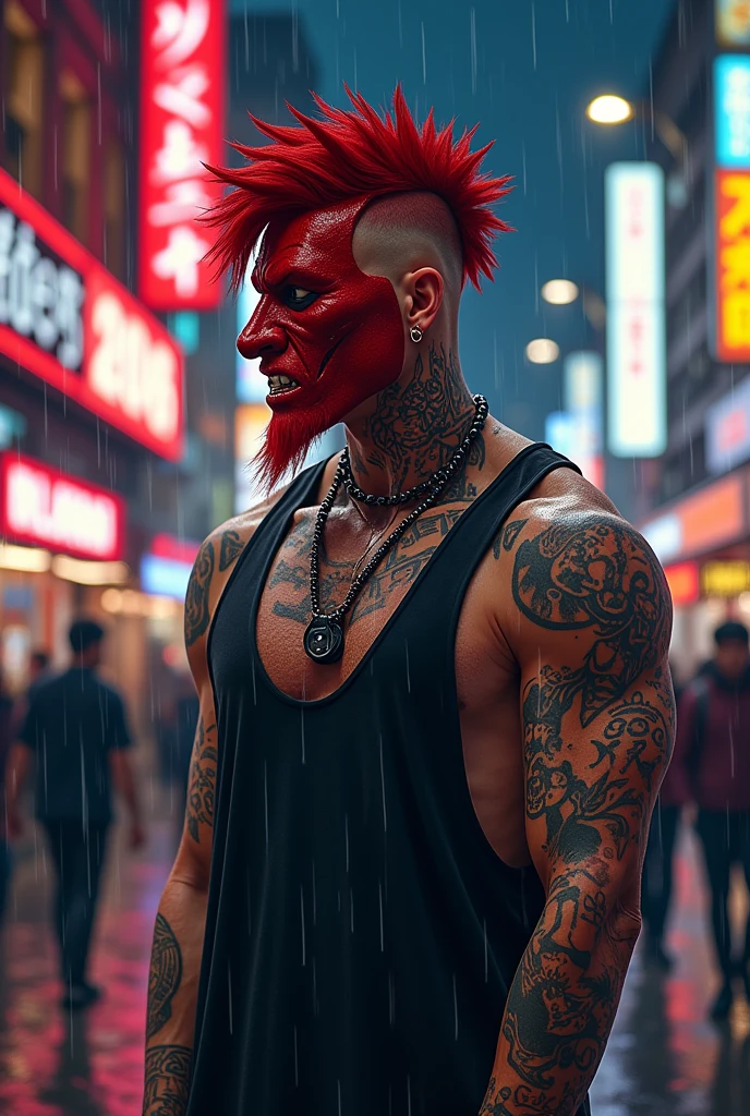 A red haired man in a low fade haircut, He wears streetwear and has tattoos up to his neck of Greek mythological and esoteric symbols.,he wears a red oni mask, I want it in anime style