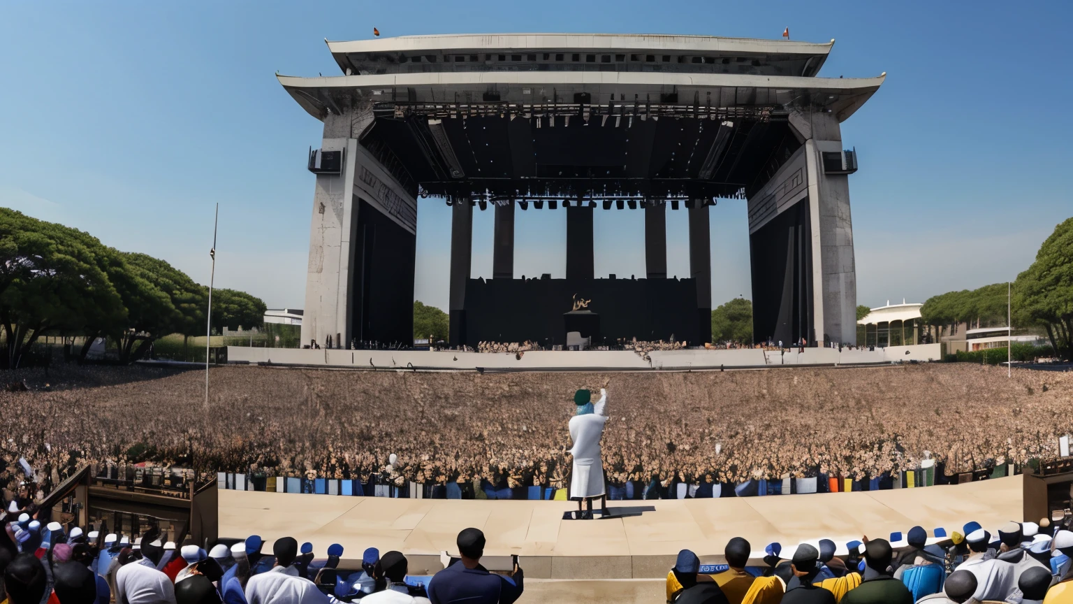 (((yū, The large))), standing on a large podium, his voice echoing through the open air as he proclaims new laws for a [a diverse crowd of citizens and soldiers]. The scene captures the essence of a new era, where order and structure reign supreme.