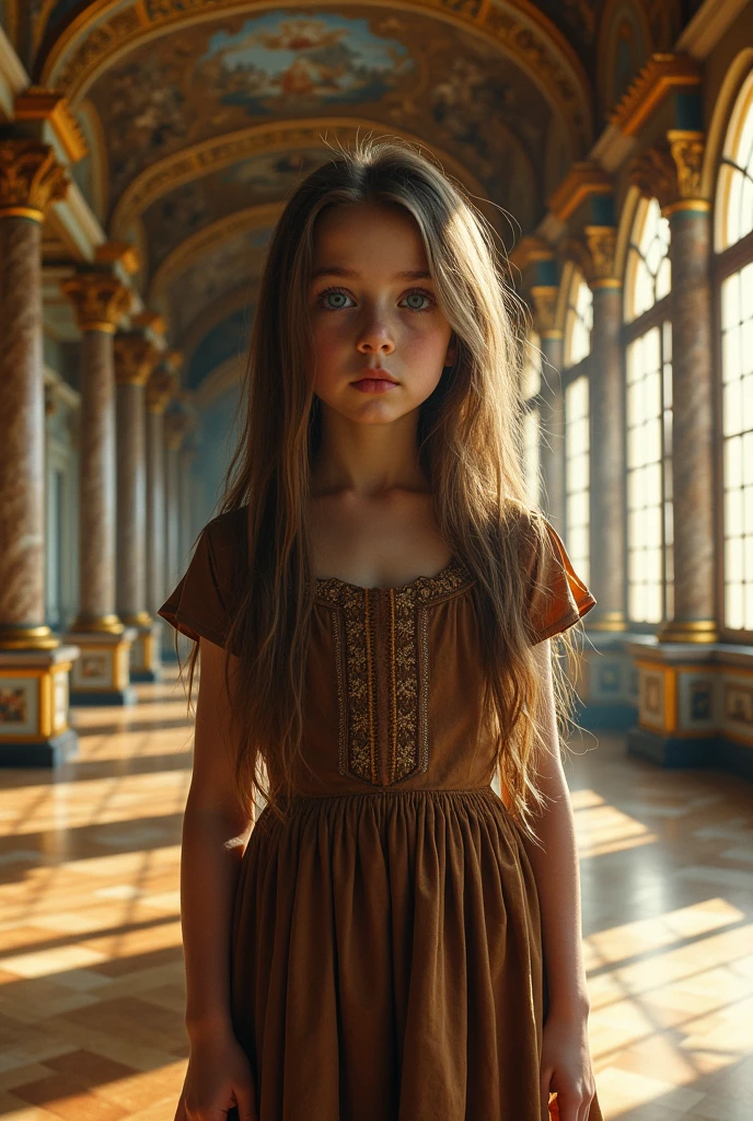 A small  with long brown hair and blue eyes, very beautiful, sadly crying in an old brown dress., In a beautiful palace-like house