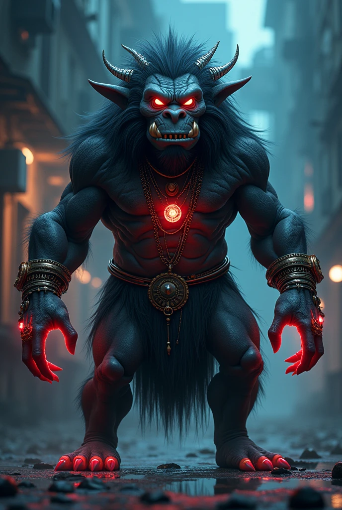 concept art, full body film photo, portrait of a Troll, dark vibrant colors skin, neon color eyes, [kemetic | egyptian] jewelry, action pose, atmospheric lighting, cinematic composition, detailed, summer, mood, Horror . digital artwork, illustrative, painterly, matte painting, highly detailed