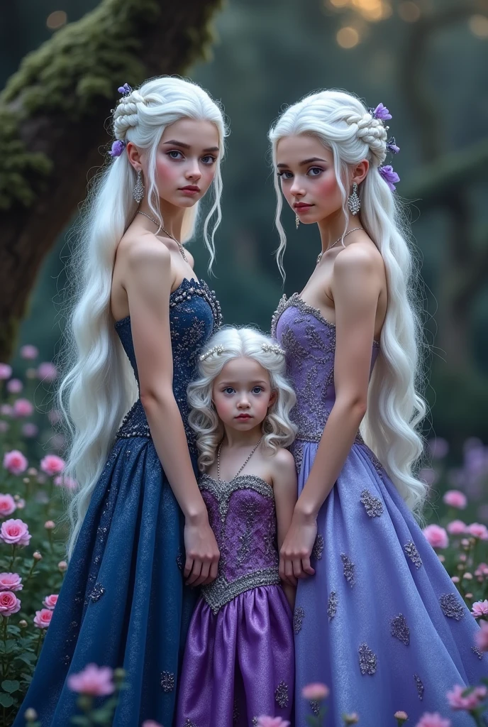 Image of 3 girls with white hair and purple eyes with different hairstyles, appearances and Targaryen-Velaryon dresses, two voluptuous women and a smaller and beautiful one