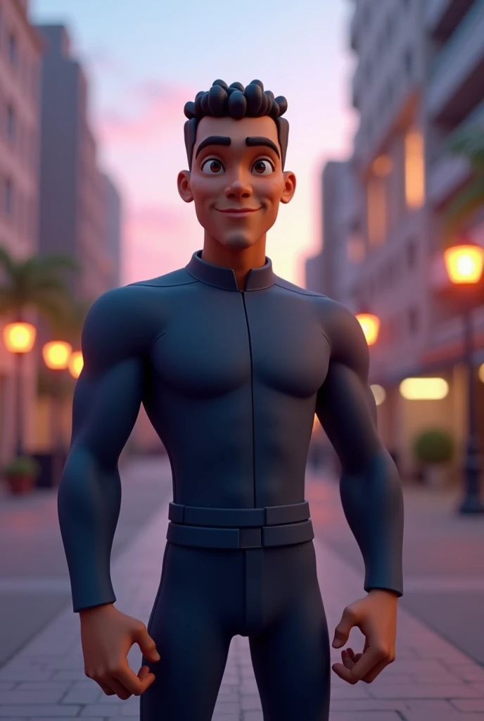 Create a 3D adult mascot with a 30-year-old appearance, male, light brown skin, slim build with a thin face and jawline, brown eyes, tall, wearing a dark blue uniform without any logo or details, and black boots. , and also with thin curly hair and a bit bald with a slightly thin nose