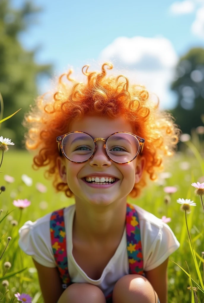 White girl with frizzy orange hair, braces and glasses