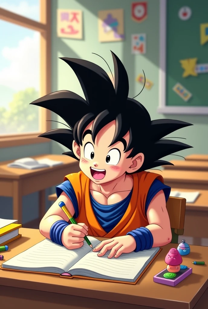 Goku happily writing at school