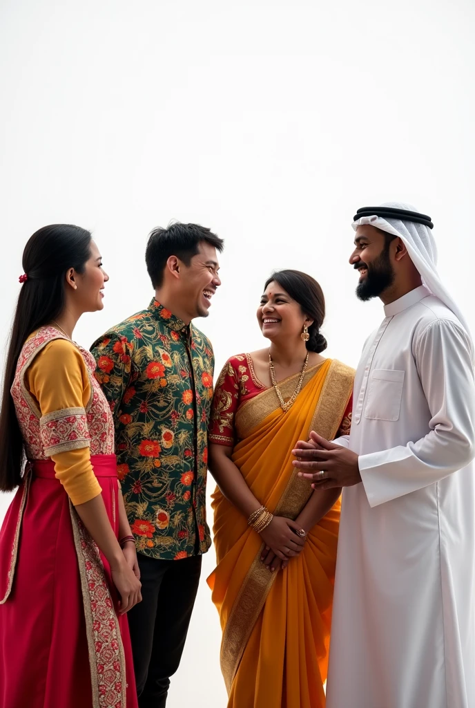 Group of standing people from Korea, South Africa, India and Saudi Arabia communicating with each other on a white background