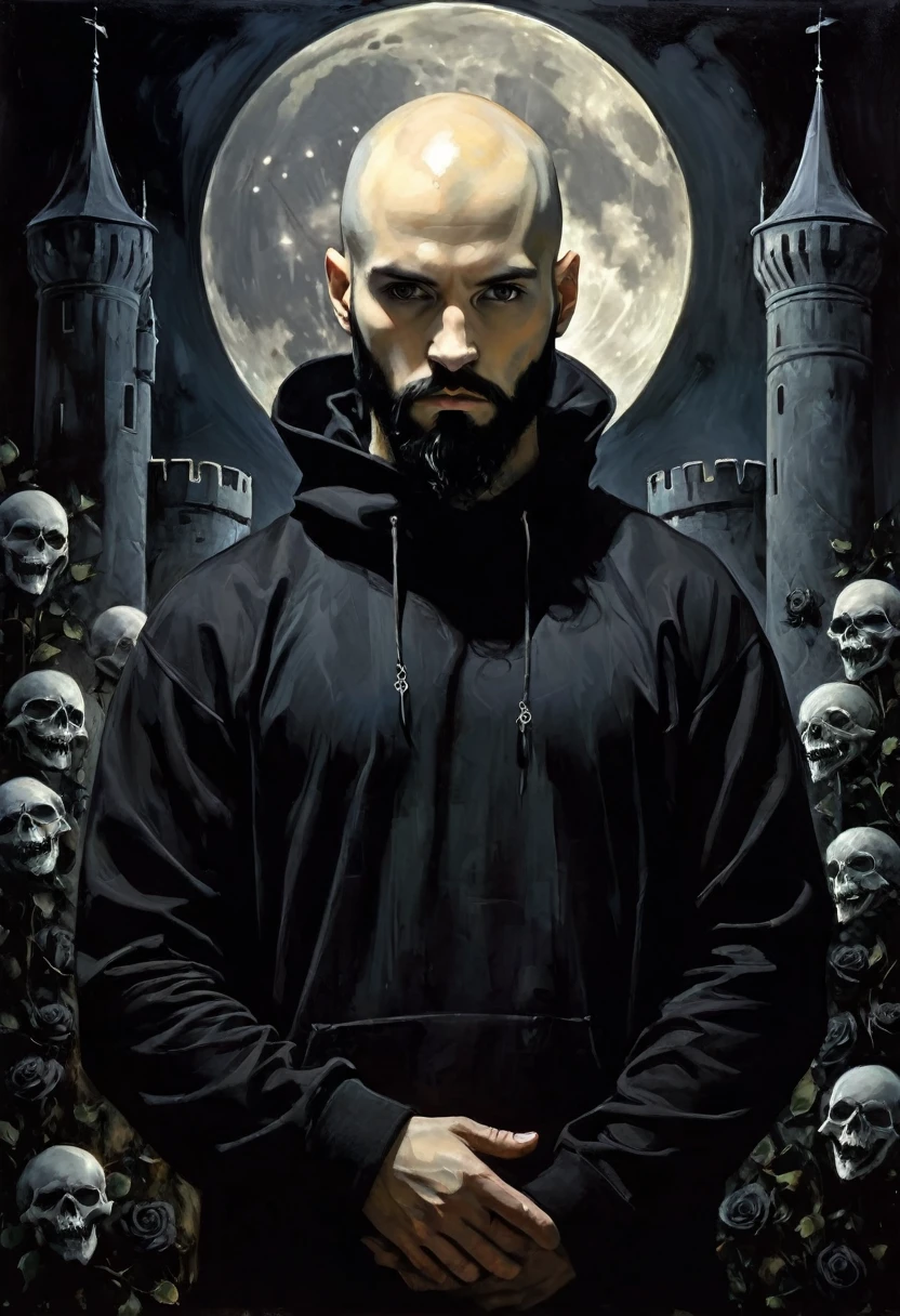young man, very thin, bald, with black beard,black sweatshirt , magician,black roses, castle, wrapped in dark energies, black energies, magic, moon, black and white image, between shadows, oil painting, chiaroscuro, dramatic lighting, moody atmosphere, photorealistic, intricate details, masterpiece, ultra-detailed, high quality, 8k, best quality, realistic, cinematic, dark and brooding, expressionistic, powerful composition, emotional impact, art inspired by Bill Sienkiewicz and Dave McKean