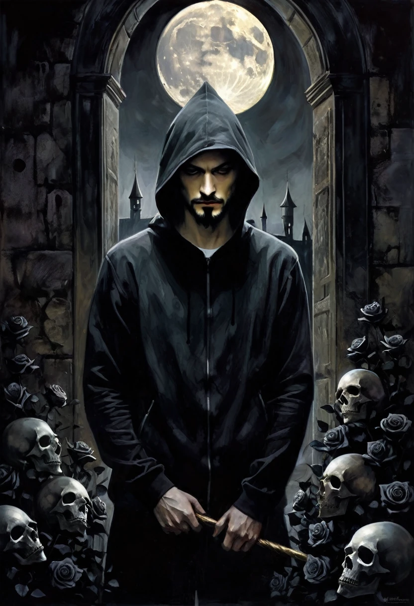 young man, very thin, bald, with black beard,black sweatshirt , magician,black roses, castle, wrapped in dark energies, black energies, magic, moon, black and white image, between shadows, oil painting, chiaroscuro, dramatic lighting, moody atmosphere, photorealistic, intricate details, masterpiece, ultra-detailed, high quality, 8k, best quality, realistic, cinematic, dark and brooding, expressionistic, powerful composition, emotional impact, art inspired by Bill Sienkiewicz and Dave McKean