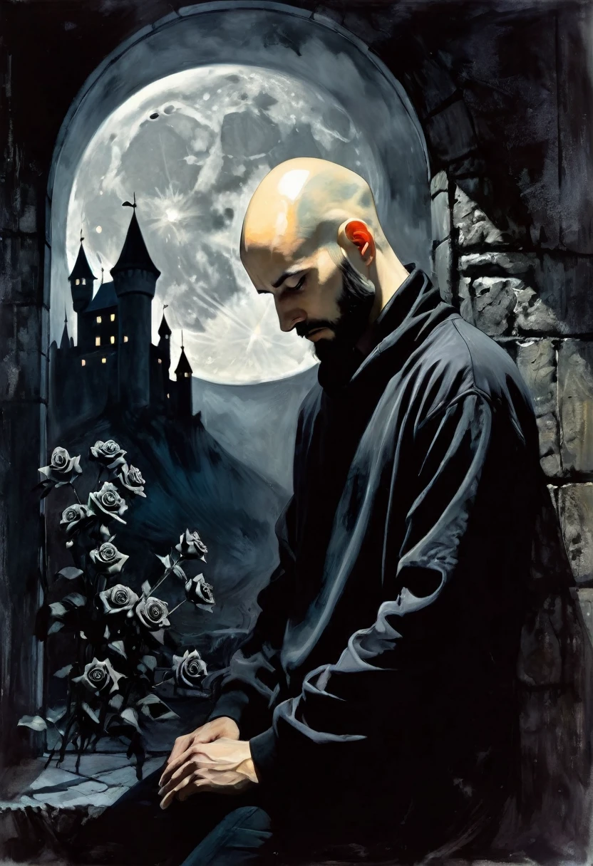 young man, very thin, bald, with black beard,black sweatshirt , magician,black roses, castle, wrapped in dark energies, black energies, magic, moon, black and white image, between shadows, oil painting, chiaroscuro, dramatic lighting, moody atmosphere, photorealistic, intricate details, masterpiece, ultra-detailed, high quality, 8k, best quality, realistic, cinematic, dark and brooding, expressionistic, powerful composition, emotional impact, art inspired by Bill Sienkiewicz and Dave McKean