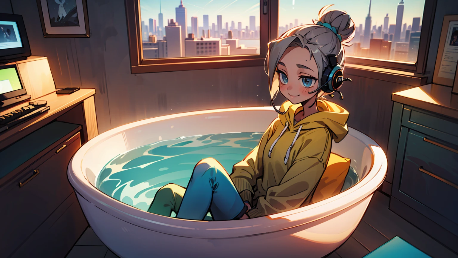 A beautiful girl sits in a quiet room, She gazes out the window with headphones on during the day. The room is bathed in soft sunlight, The only sound is the gentle hum of the city outside. She is wearing a comfortable oversized hoodie and leggings, Her hair is pulled back in a messy bun. She is smiling and relaxed, The music she is listening to seems to bring her peace.