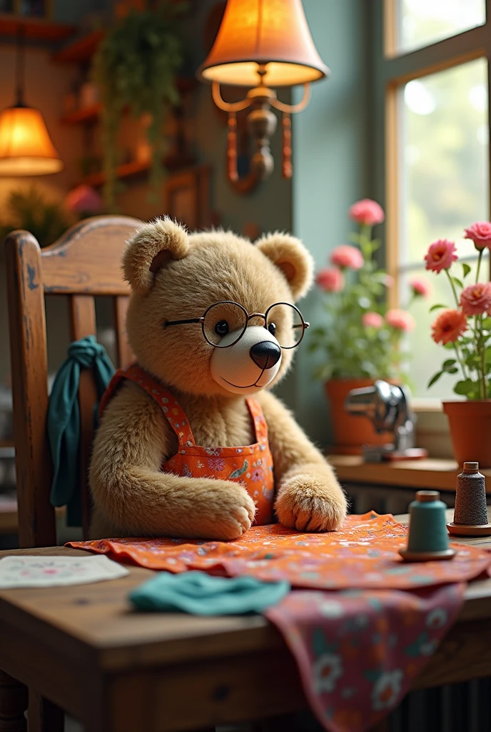 realistic bear sitting on a chair sewing in a sewing workshop, warm colors and cozy atmosphere