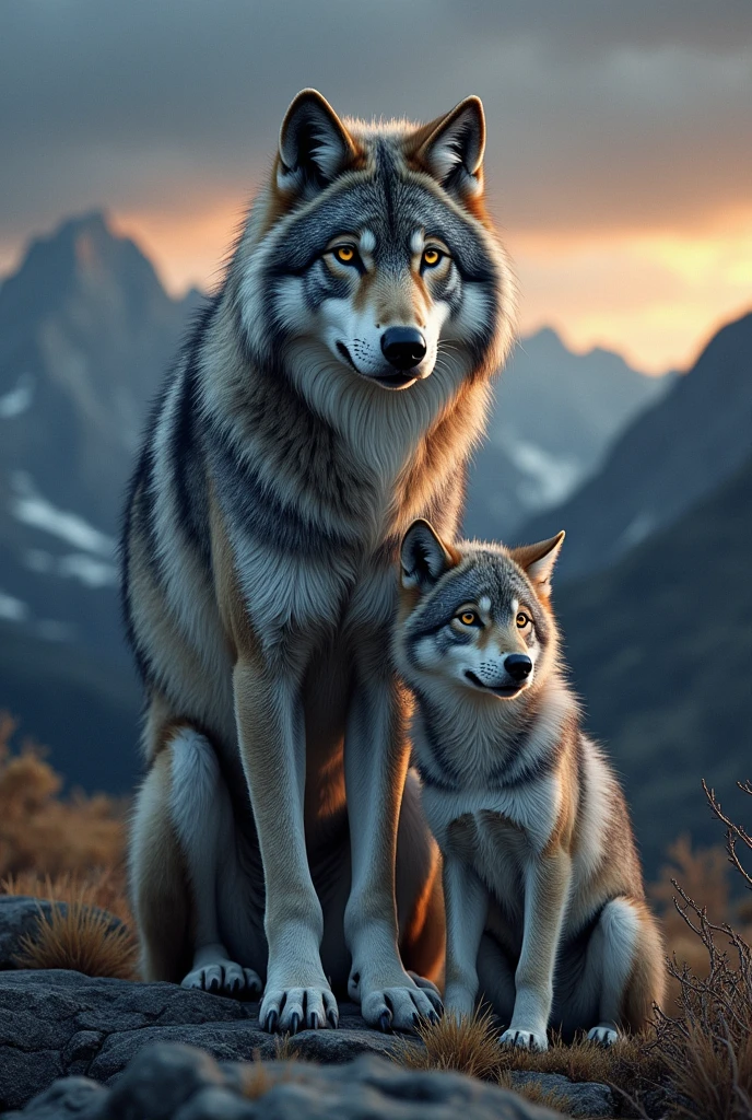A picture of a she-wolf and a wolf cub who have gone through a difficult road called life, a sketch for a tattoo