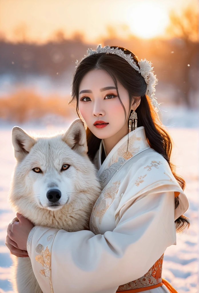 A beautiful Korean woman in a pure white ancient Chinese dress, embracing a large white wolf in a snowy field, with snowfall, in the evening, with the orange glow of the setting sun casting a warm light in the background, (best quality,4k,8k,highres,masterpiece:1.2),ultra-detailed,(realistic,photorealistic,photo-realistic:1.37),detailed face,detailed eyes,detailed lips,extremely detailed eyes and face,long eyelashes,detailed dress,detailed fur,detailed snow,detailed sunset,landscape,portrait,warm colors,soft lighting