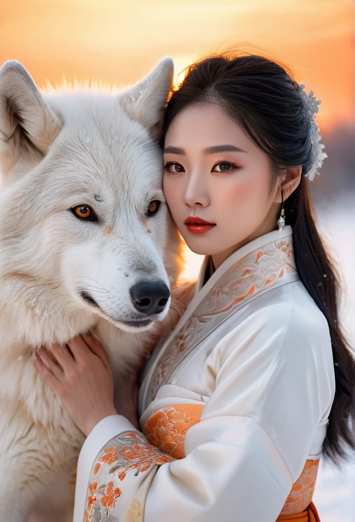 A beautiful Korean woman in a pure white ancient Chinese dress, embracing a large white wolf in a snowy field, with snowfall, in the evening, with the orange glow of the setting sun casting a warm light in the background, (best quality,4k,8k,highres,masterpiece:1.2),ultra-detailed,(realistic,photorealistic,photo-realistic:1.37),detailed face,detailed eyes,detailed lips,extremely detailed eyes and face,long eyelashes,detailed dress,detailed fur,detailed snow,detailed sunset,landscape,portrait,warm colors,soft lighting
