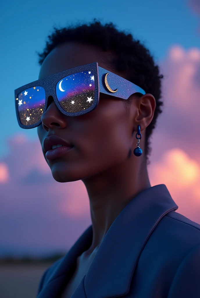 The model is wearing glass sunglasses with stars and the moon on the glass