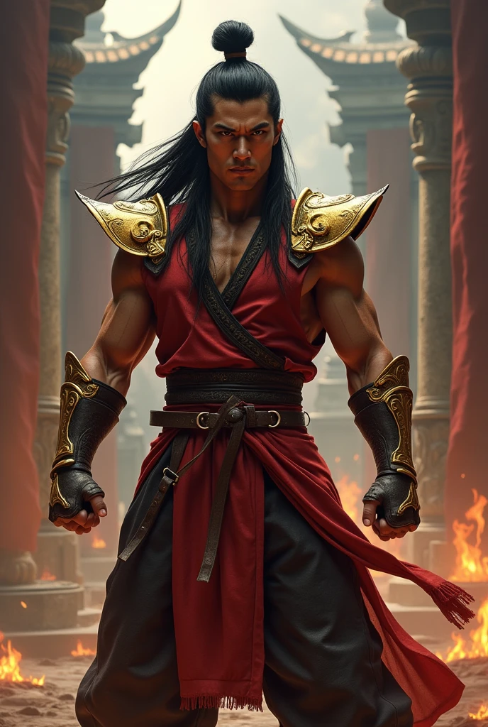 Liu Kang from Mortal Kombat with long hair and a bun, no coque tied red band golden iron shoulder pads


