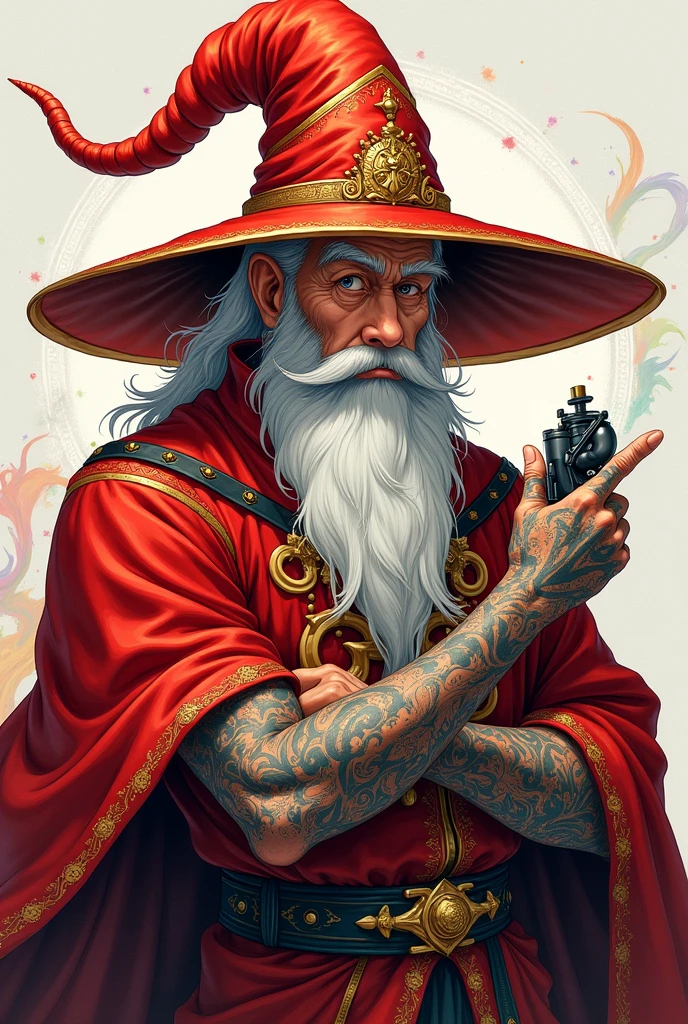 Create a character design for an old male anime wizard holding a tattoo machine for a tattoo studio logo. His name is Bruxo, he wears red clothing, and has tattoos. The image should only be from the chest up. , He has a big red anime wizard hat, 
