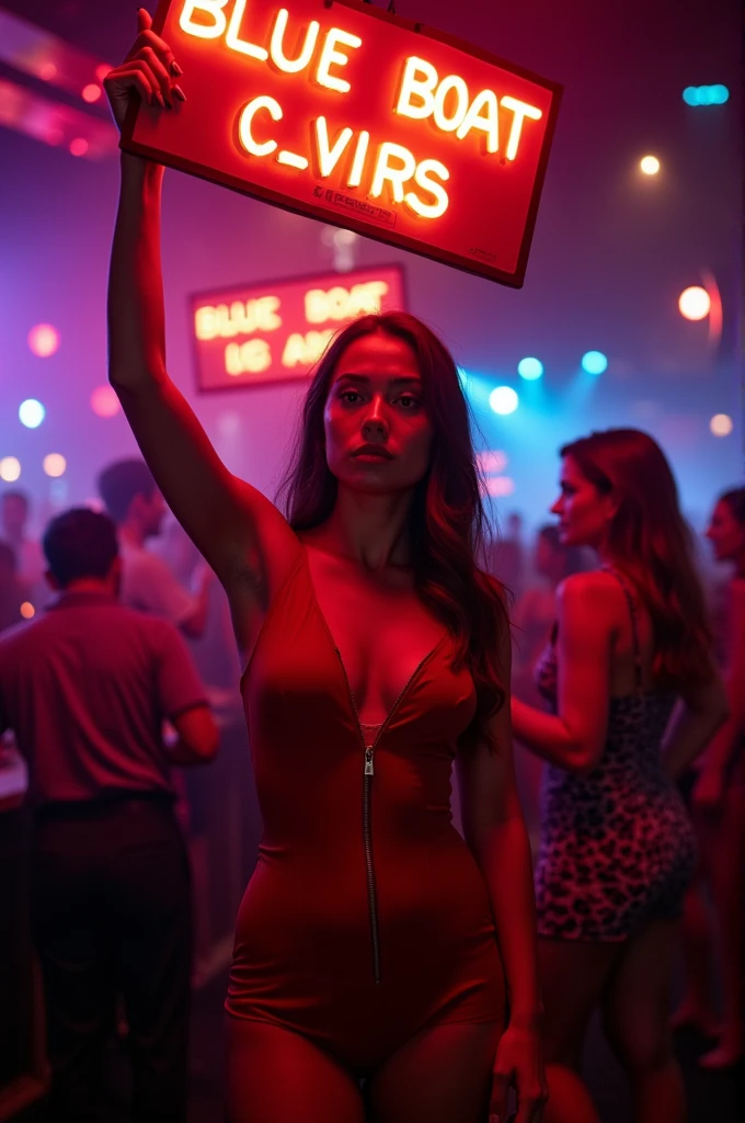 a woman in red at a nightclub holding a sign that says: blue boat