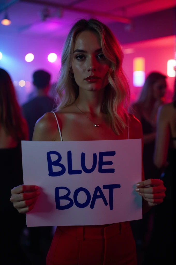 a woman in red at a nightclub holding a sign that says: blue boat