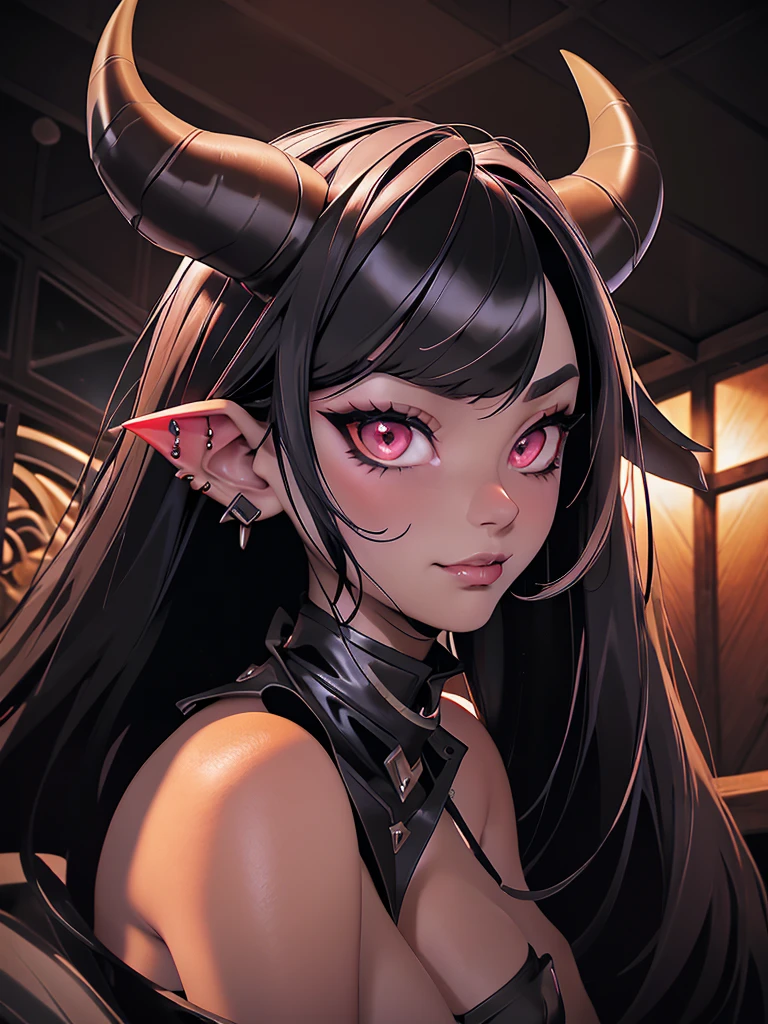 a dark-haired succubus woman, elegant detailed face, piercing gaze, full lips, sharp cheekbones, long eyelashes, ((small fine horns)), tight leather outfit, seductive pose, dramatic lighting, dark moody atmosphere, cinematic high quality, intricate details, photorealistic, dramatic colors, chiaroscuro lighting