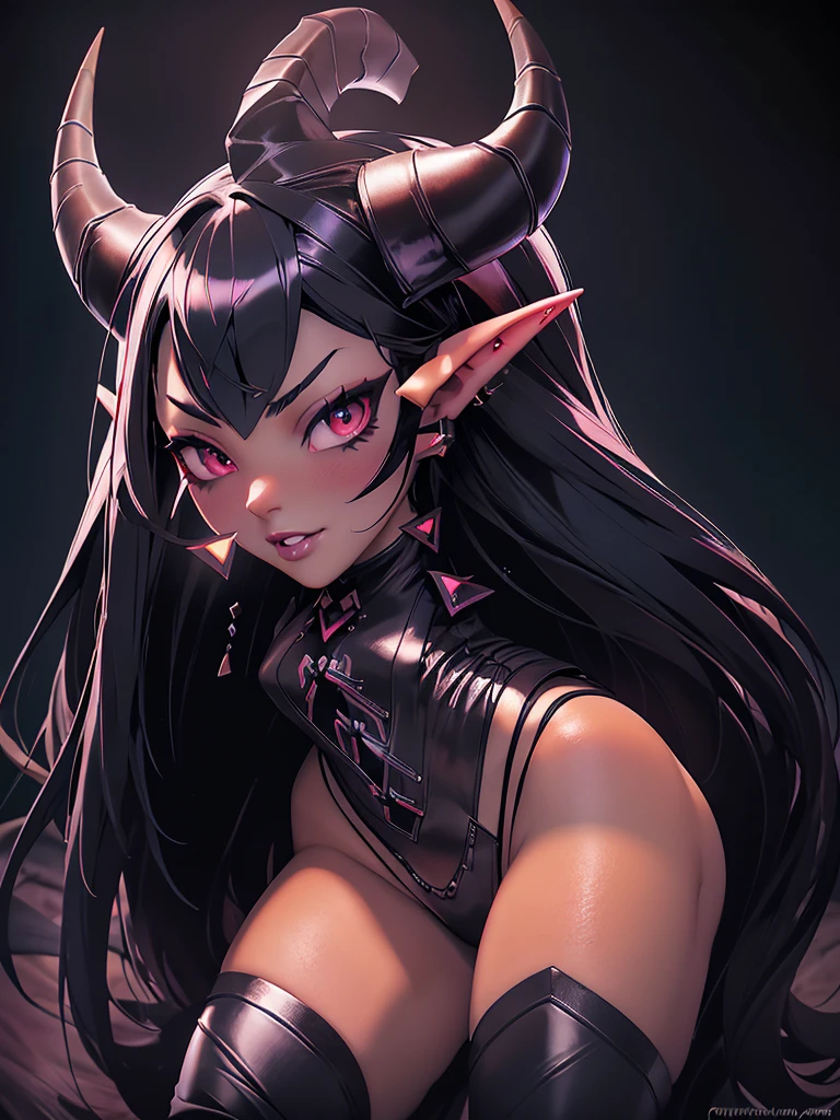 a dark-haired succubus woman, elegant detailed face, piercing gaze, full lips, sharp cheekbones, long eyelashes, ((small fine horns)), tight leather outfit, seductive pose, dramatic lighting, dark moody atmosphere, cinematic high quality, intricate details, photorealistic, dramatic colors, chiaroscuro lighting