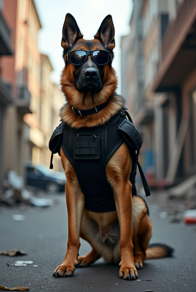 a German Shepherd with a SWAT uniform and dark sunglasses
