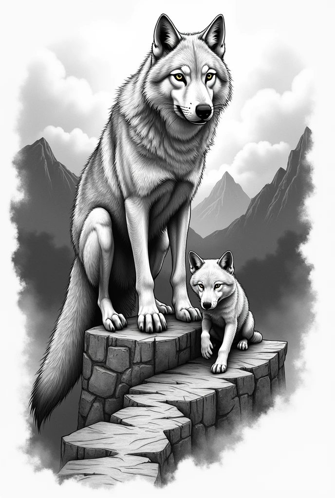 A picture of a she-wolf and a wolf cub who have gone through a difficult road called life, a sketch for a tattoo 