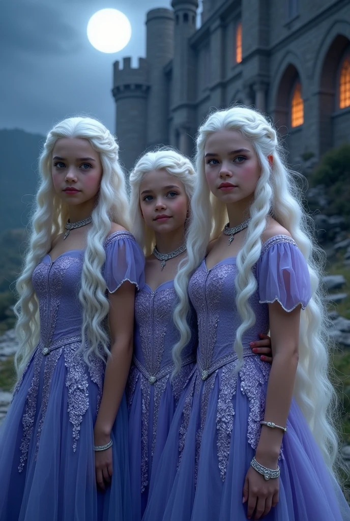 Image of 3 girls with white hair and purple eyes, with different hairstyles, appearances, and Targaryen-Velaryon dresses. Two women are voluptuous and one is smaller and beautiful. The first two are robust, about 17, and the other is 13.