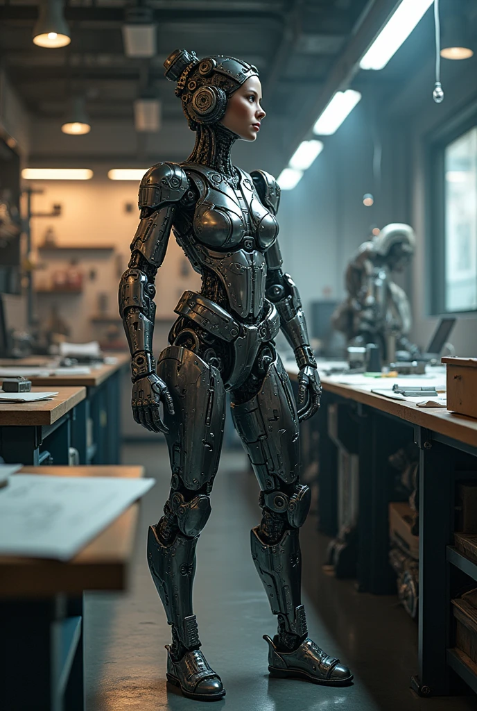 Create a powerful female engineer without a face, made of gears.