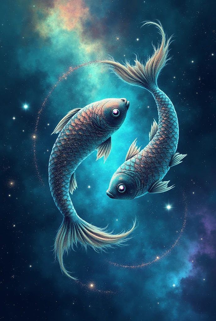 **1. Constellation and Galaxy:** The constellation of Pisces is depicted with two stylized fish swimming in opposite directions, Connected by a band of starlight. They are amidst a vast nebula with vibrant colors.
**2. Cores e Efeitos:** The background is a dazzling turquoise and violet with shades of blue and green, representing the cosmic waters of space. The nebula that envelops the fish is illuminated by bright stars and sparks of light.
**3. Additional Elements:** Include details like small stars and planets that revolve around the fish, and perhaps a stream of stardust that creates an effect of fluidity and movement.
**4. Texture and Style:** Use a style that combines aquatic and space elements, with textures that mimic waves and intergalactic sparkles, giving a mystical and ethereal touch to the image.