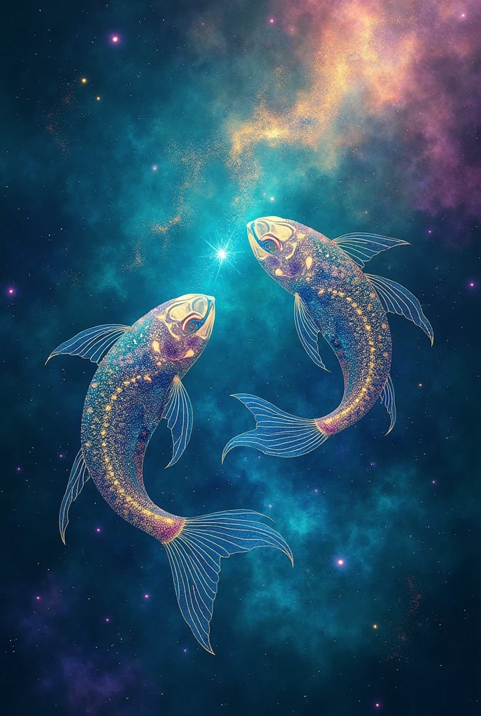**1. Constellation and Galaxy:** The constellation of Pisces is depicted with two stylized fish swimming in opposite directions, Connected by a band of starlight. They are amidst a vast nebula with vibrant colors.

**2. Cores e Efeitos:** The background is a dazzling turquoise and violet with shades of blue and green, representing the cosmic waters of space. The nebula that envelops the fish is illuminated by bright stars and sparks of light.

**3. Additional Elements:** Include details like small stars and planets that revolve around the fish, and perhaps a stream of stardust that creates an effect of fluidity and movement.

**4. Texture and Style:** Use a style that combines aquatic and space elements, with textures that mimic waves and intergalactic sparkles, giving a mystical and ethereal touch to the image.