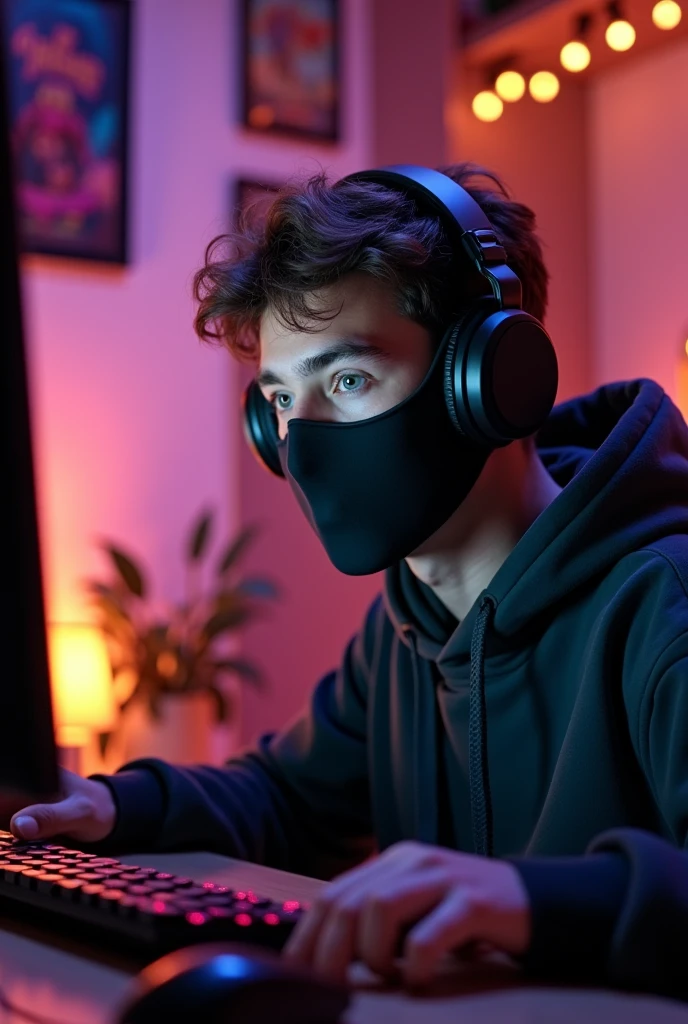 (photorealism:1.2), ,A Young 20 year old guy Streaming online, Wearing Face Mask, realistic, intricate details, warm colors,