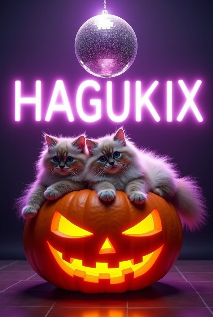 Long-haired cats、sitting on top of a jack-o'-lantern、A purple light shone down from the mirror ball above.、The background is the word HAGUKIX