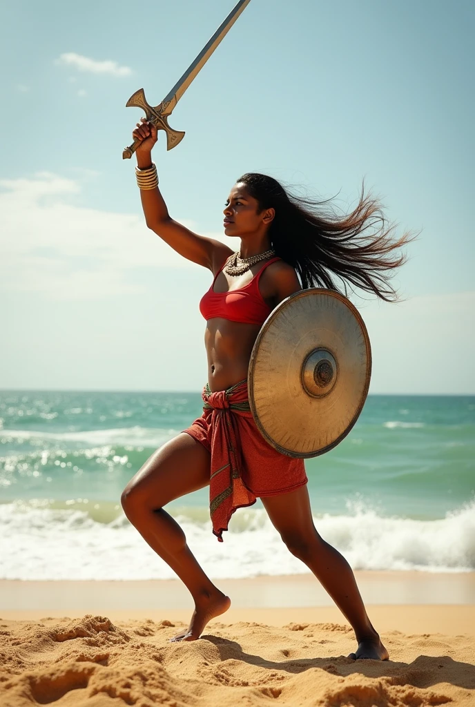 Kalaripayattu woman with sword on one hand above head and shield in the other hand, raising from the ground with warrior pose and one leg stretched and has very fierce eyes, fit body and long hair, eyes directed to the audience in sunny  seashore background. Her entire body with the weapon should be in a frame